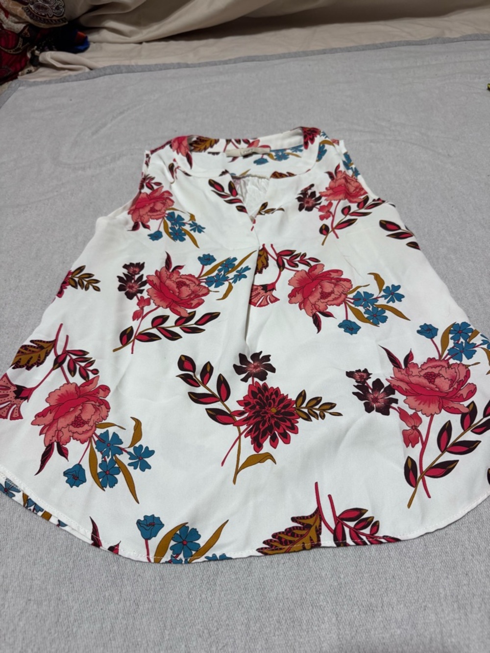 LOFT White Floral Tank with Pink and Blue Blooms